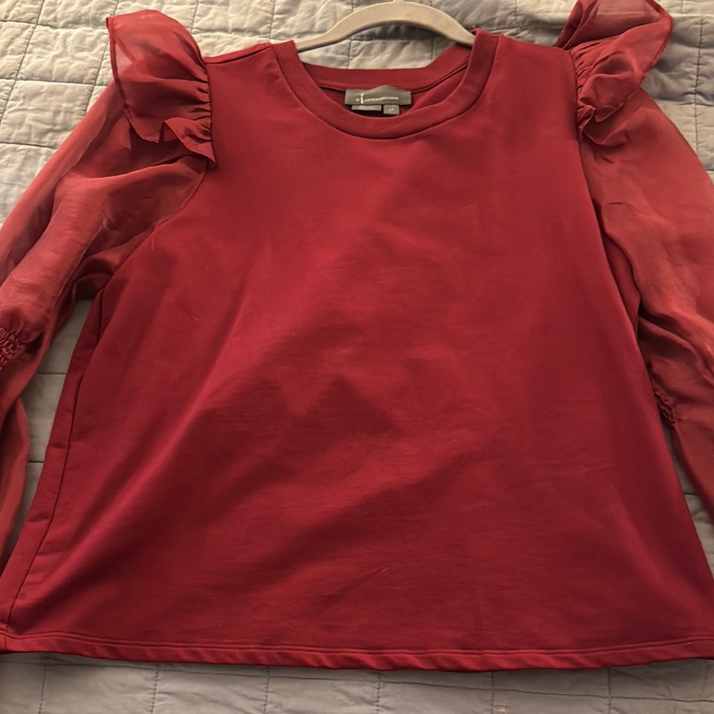 Red Ruffled Sleeve Blouse with Crew Neck